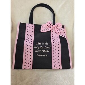 MWW Market Religious Tote Bag Pink Polka Dot Bow Psalms 118:24 Black Canvas